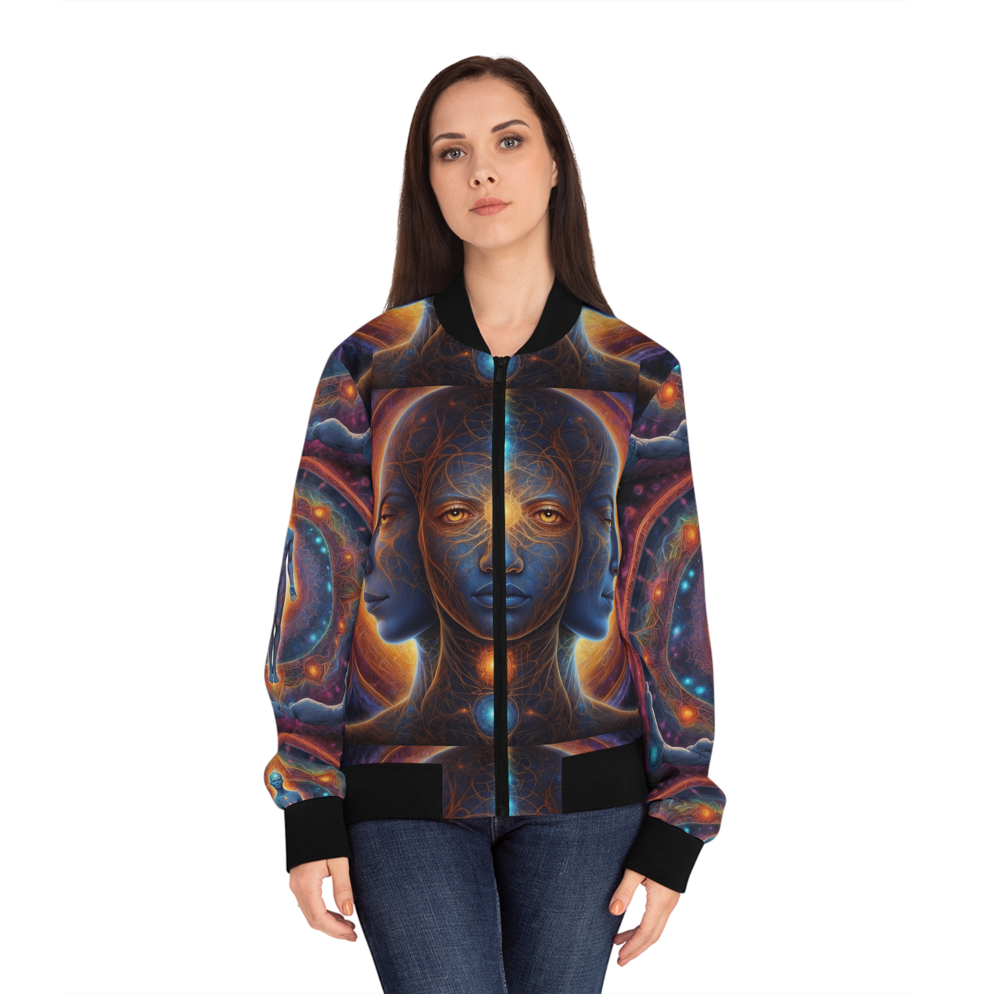 Cosmic Awakening Bomber Jacket - Chakra Alignment & Sacred Trinity | Psychedelic Spiritual Wear - Image 3