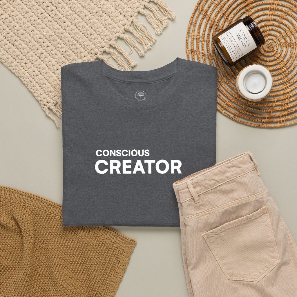 Conscious Creator Embroidered Design T-Shirt | Aligned in Truth on the left side, Black Tee, Minimal Graphic