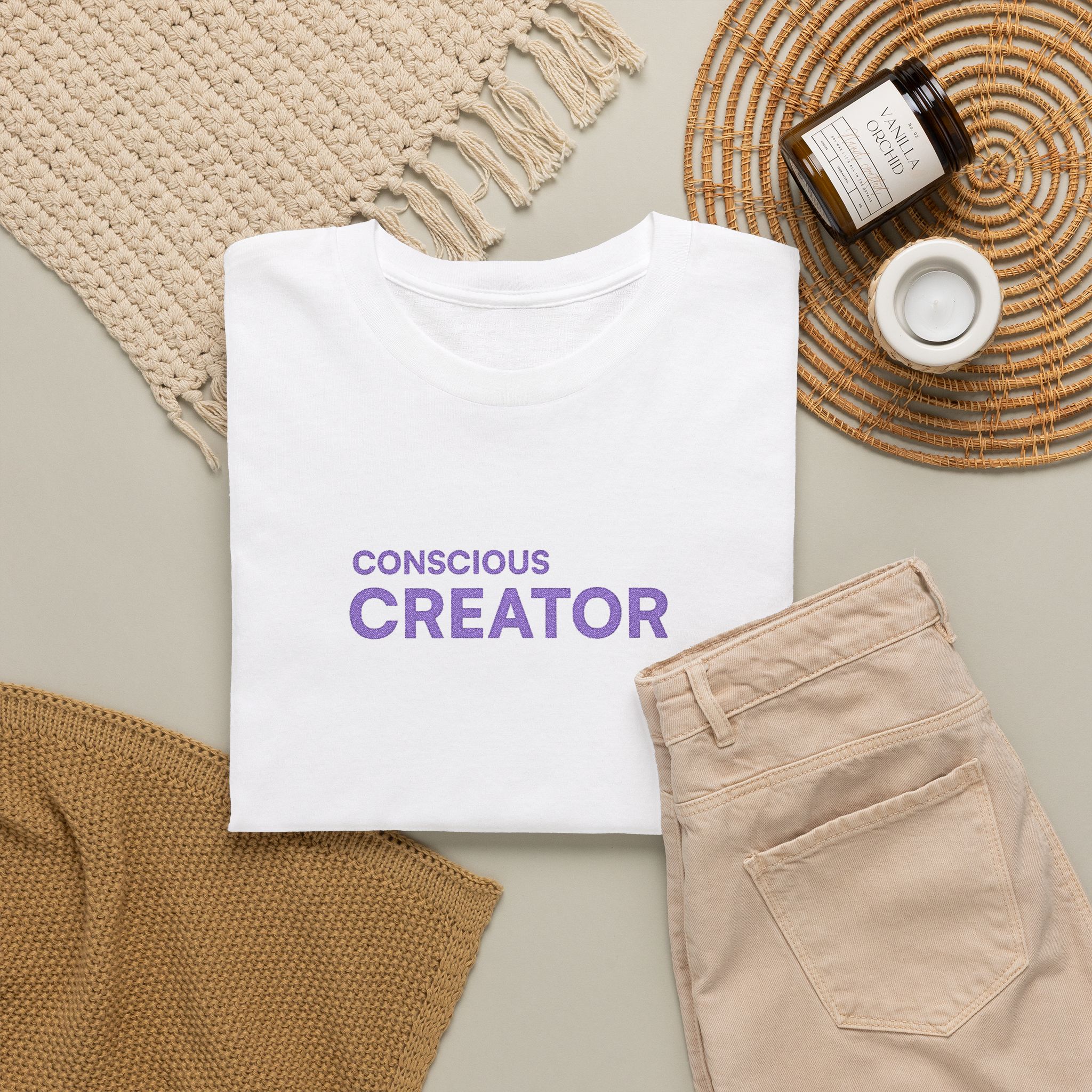 Conscious Creator Embroidered T-shirt Tee | Plain White Crew Neck - Image 2