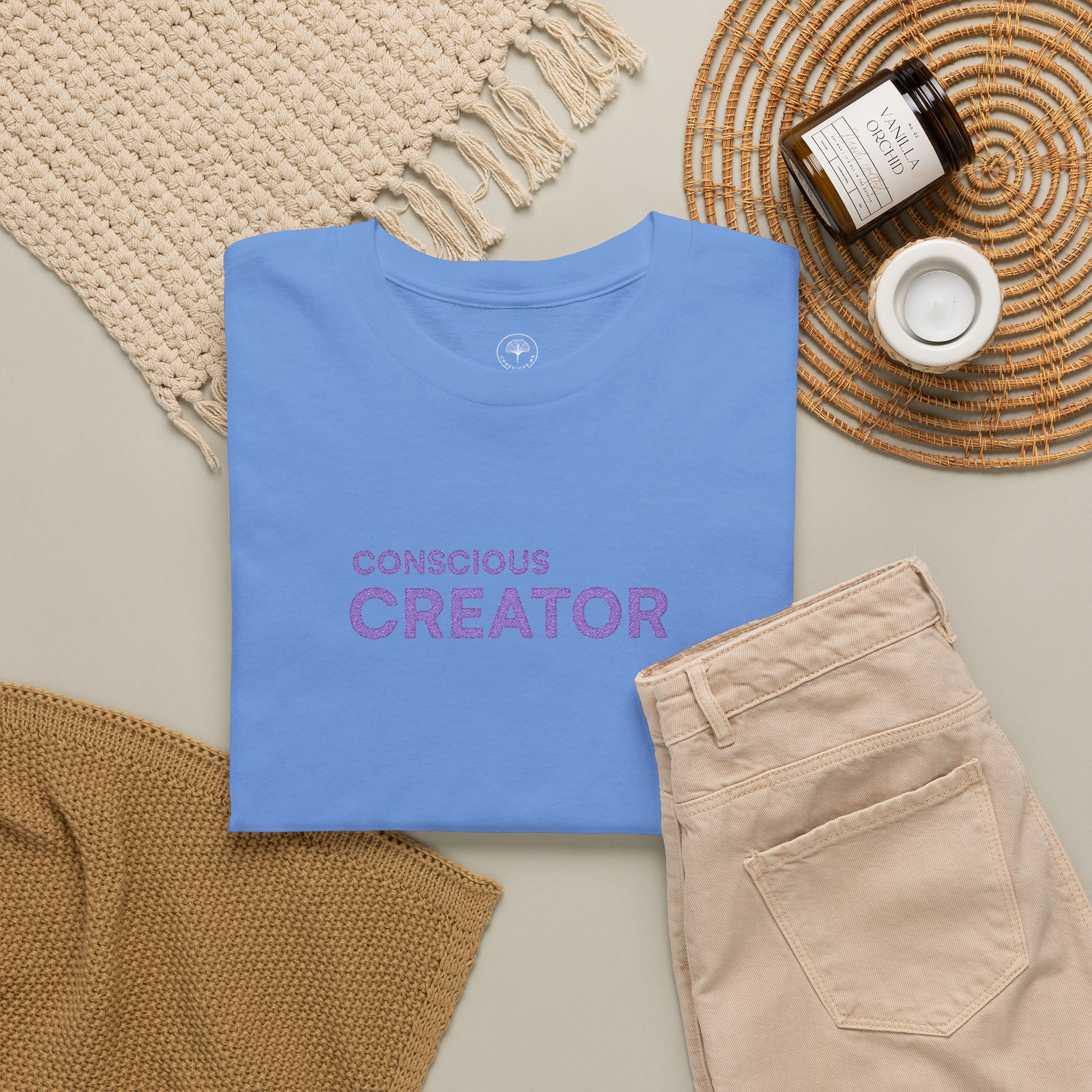 Conscious Creator Embroidered T-shirt Tee | Plain White Crew Neck - Image 18