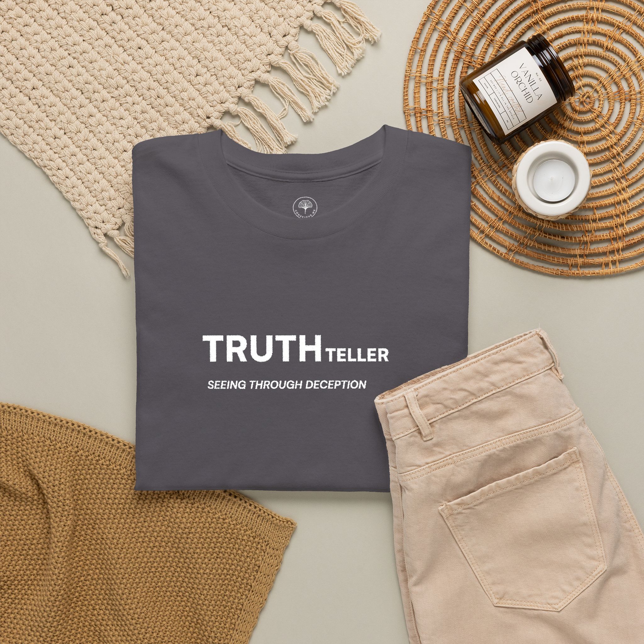 Truth Teller Embroidered Design T-Shirt dark colors | Black Tee, Minimal Graphic, 'Seeing Through Deception' - Image 13