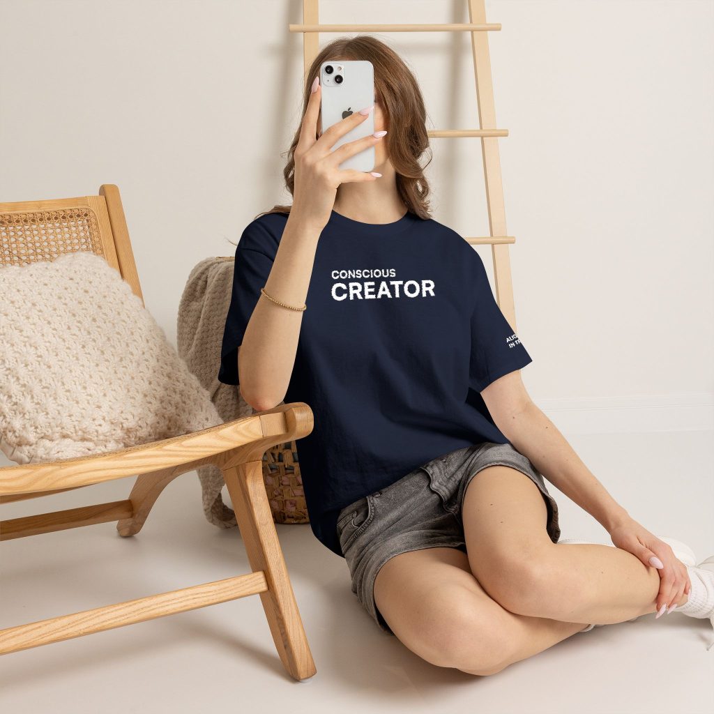 Conscious Creator Embroidered Design T-Shirt | Aligned in Truth on the left side, Black Tee, Minimal Graphic