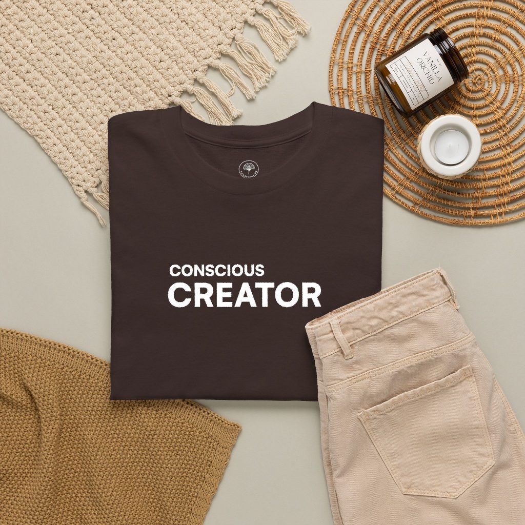 Conscious Creator Embroidered Design T-Shirt | Aligned in Truth on the left side, Black Tee, Minimal Graphic