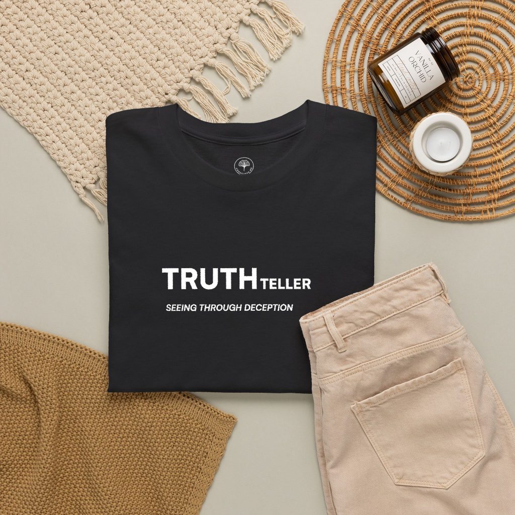 Truth Teller Embroidered Design T-Shirt dark colors | Black Tee, Minimal Graphic, 'Seeing Through Deception'