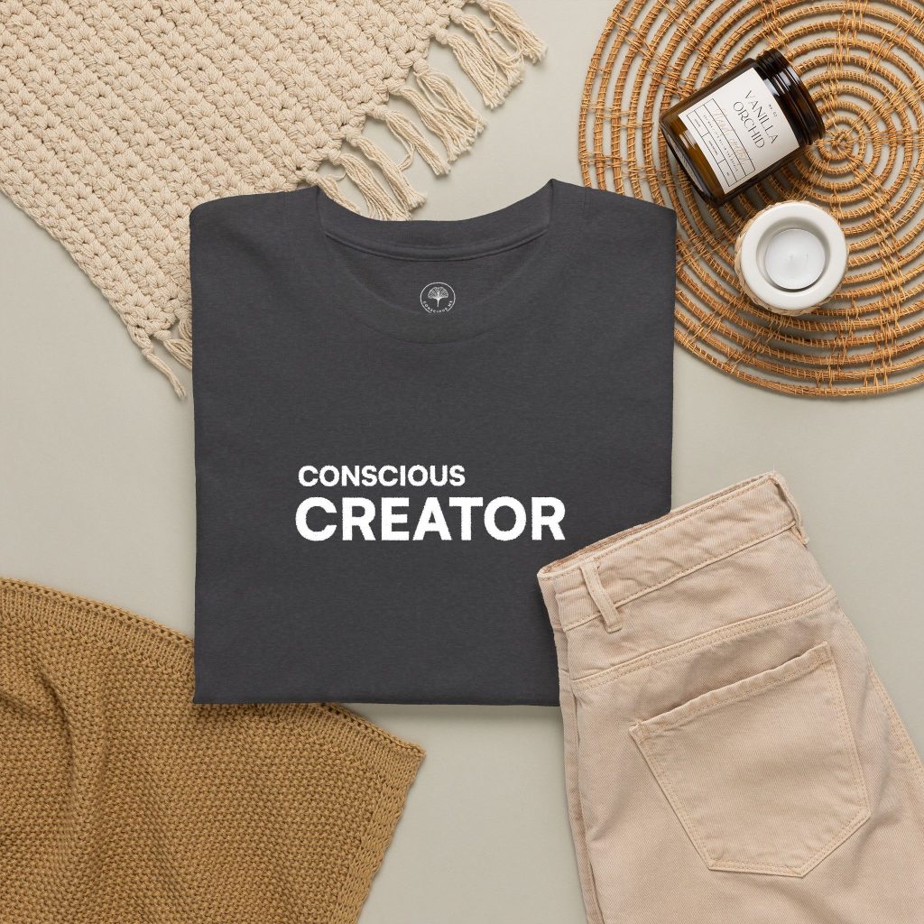 Conscious Creator Embroidered Design T-Shirt | Aligned in Truth on the left side, Black Tee, Minimal Graphic