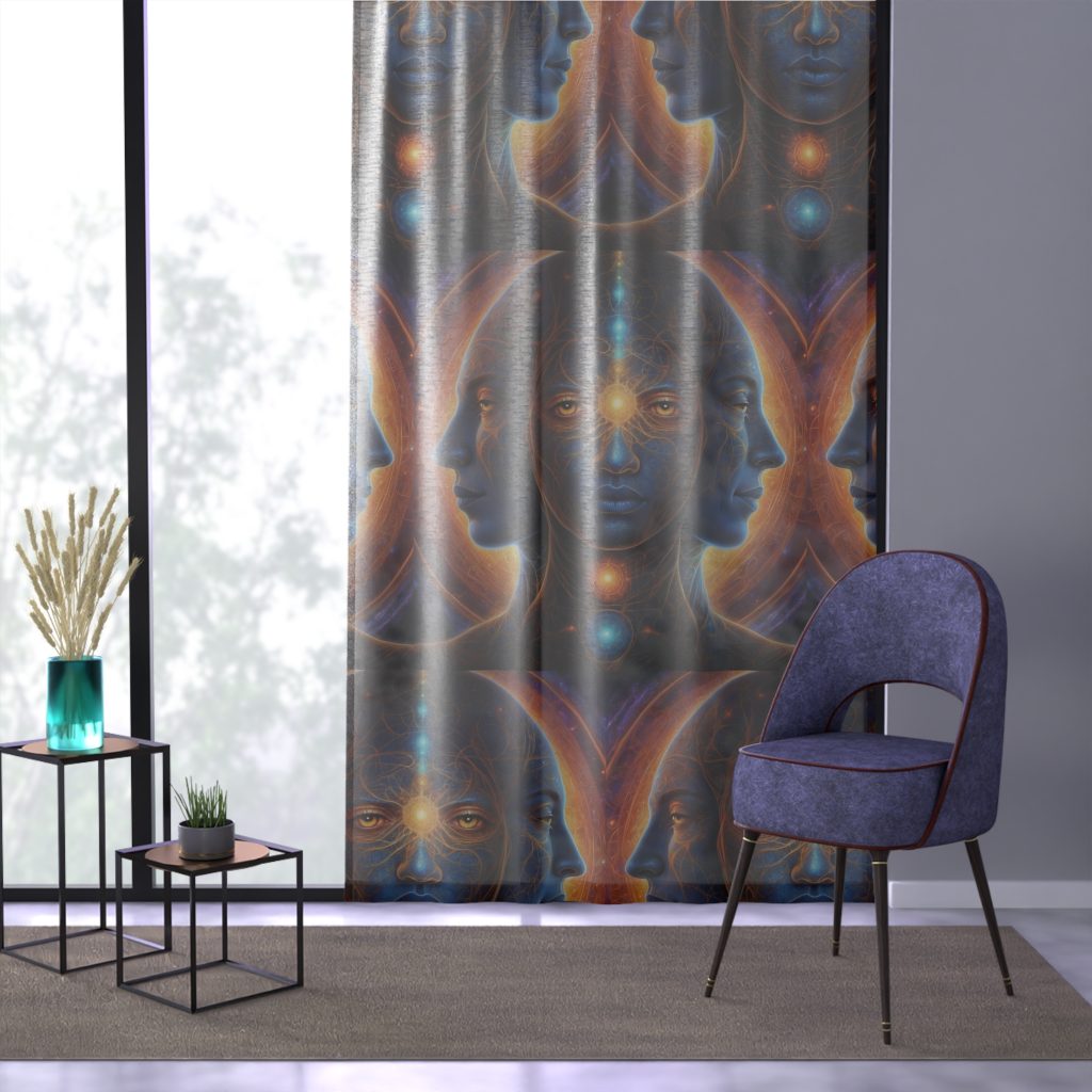Mystical Holy Trinity Third Eye Pattern Window Curtain | Celestial Portraits, Ethereal Blue-Orange