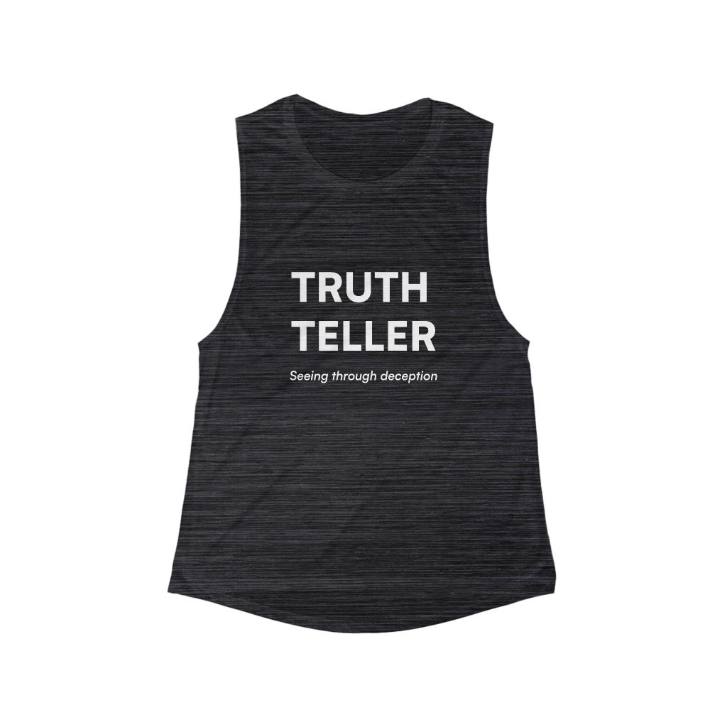 Truth Teller muscle tank | Seeing through deception slogan tee, black flowy scoop tank