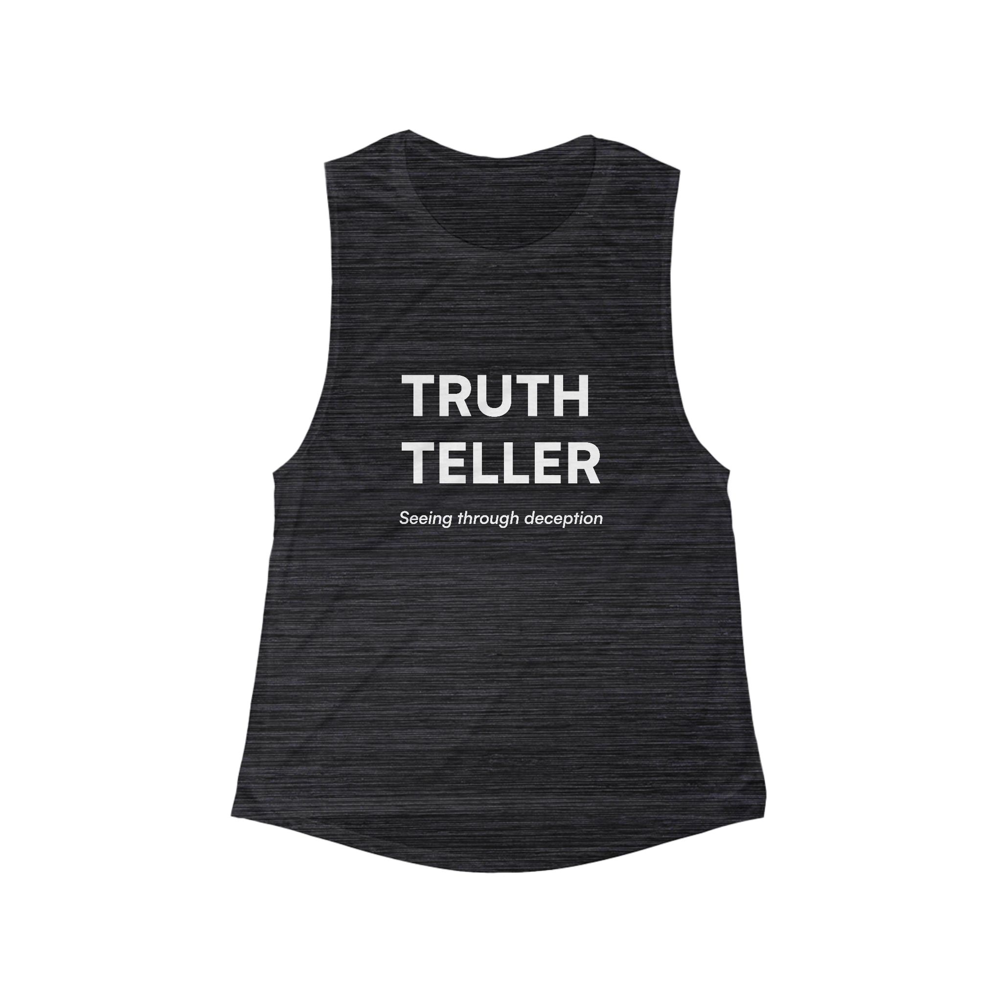 Truth Teller muscle tank | Seeing through deception slogan tee, black flowy scoop tank - Image 6