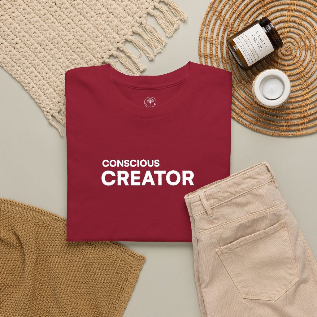 Conscious Creator Embroidered Design T-Shirt | Aligned in Truth on the left side, Black Tee, Minimal Graphic