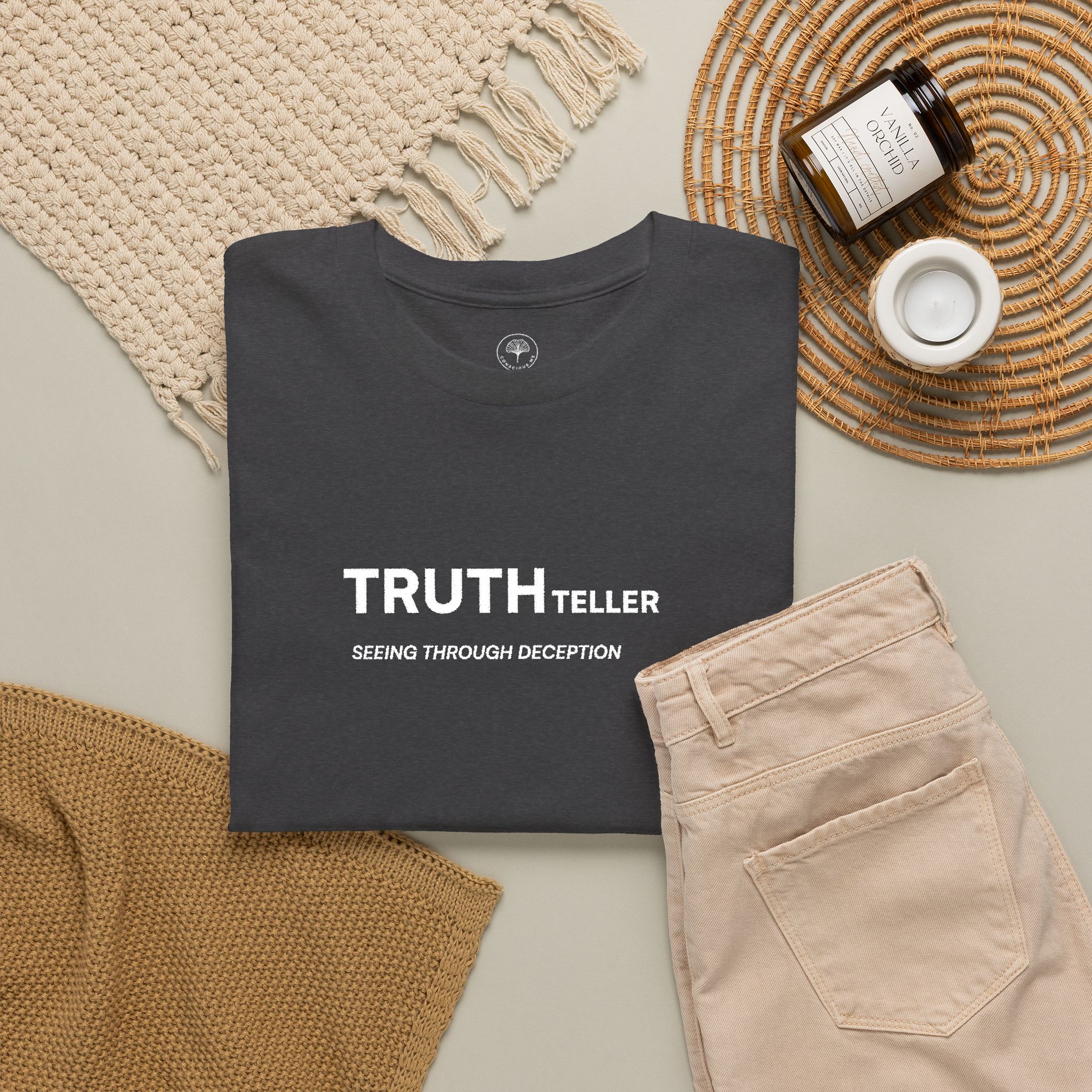Truth Teller Embroidered Design T-Shirt dark colors | Black Tee, Minimal Graphic, 'Seeing Through Deception' - Image 12