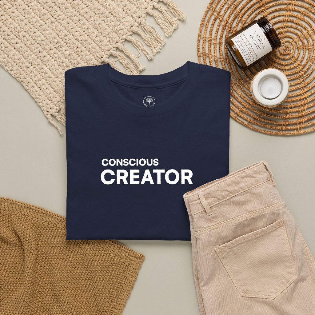 Conscious Creator Embroidered Design T-Shirt | Aligned in Truth on the left side, Black Tee, Minimal Graphic