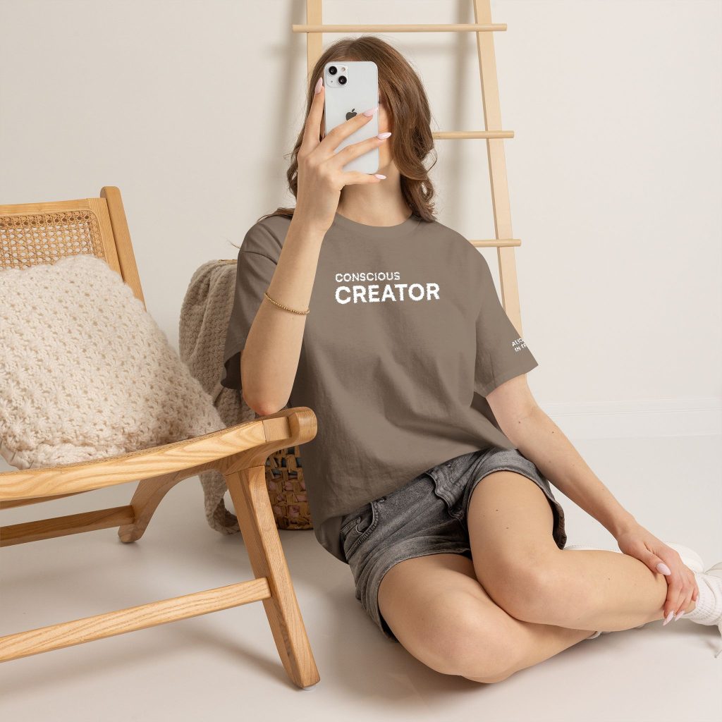 Conscious Creator Embroidered Design T-Shirt | Aligned in Truth on the left side, Black Tee, Minimal Graphic