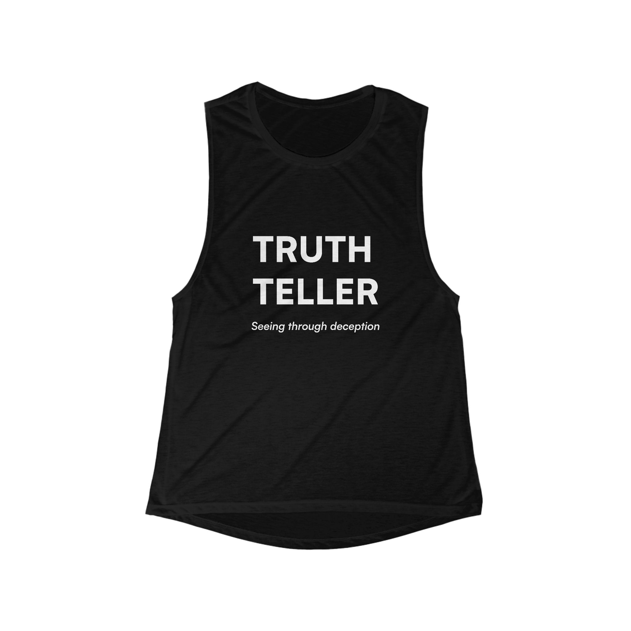Truth Teller muscle tank | Seeing through deception slogan tee, black flowy scoop tank - Image 4