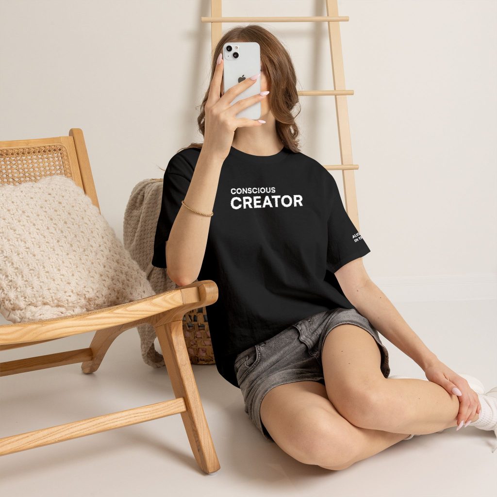 Conscious Creator Embroidered Design T-Shirt | Aligned in Truth on the left side, Black Tee, Minimal Graphic