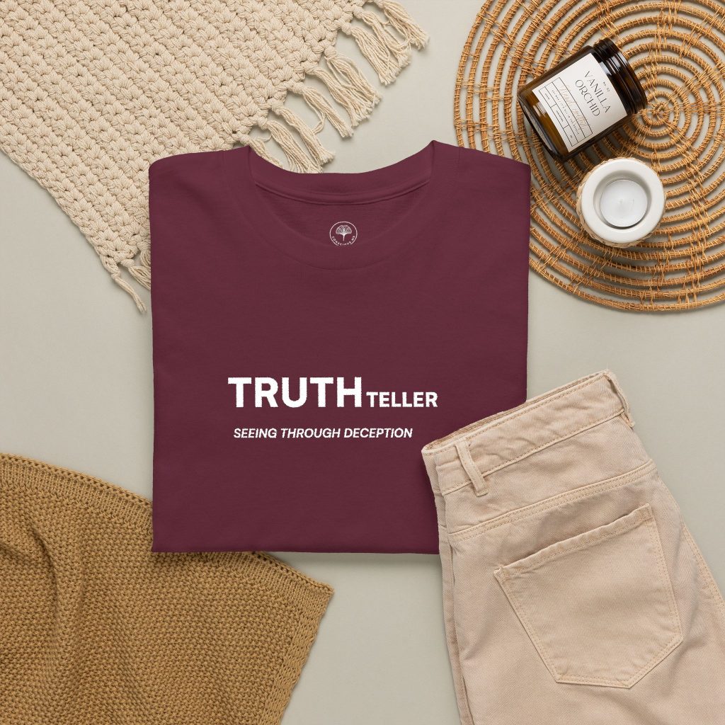 Truth Teller Embroidered Design T-Shirt dark colors | Black Tee, Minimal Graphic, 'Seeing Through Deception'