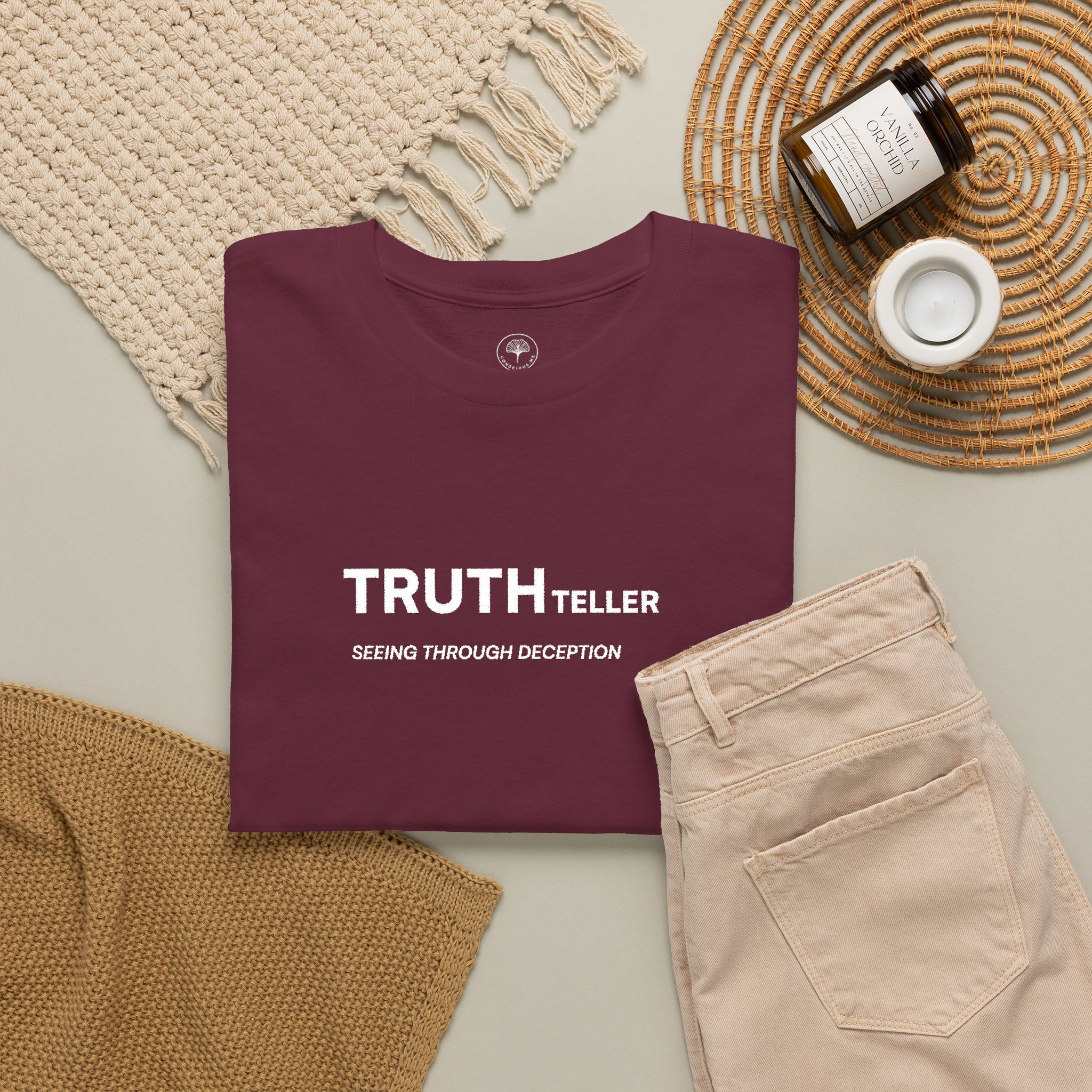 Truth Teller Embroidered Design T-Shirt dark colors | Black Tee, Minimal Graphic, 'Seeing Through Deception' - Image 6