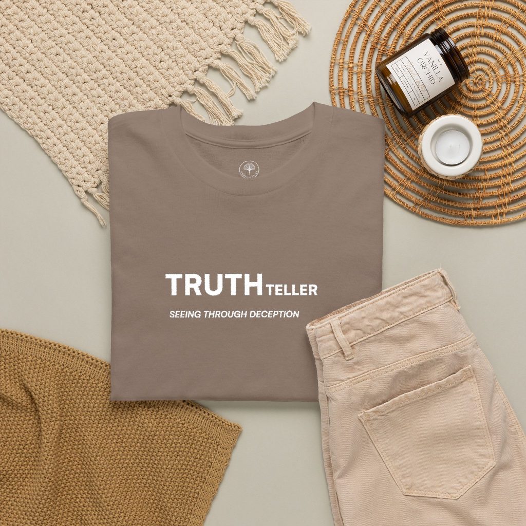 Truth Teller Embroidered Design T-Shirt dark colors | Black Tee, Minimal Graphic, 'Seeing Through Deception'