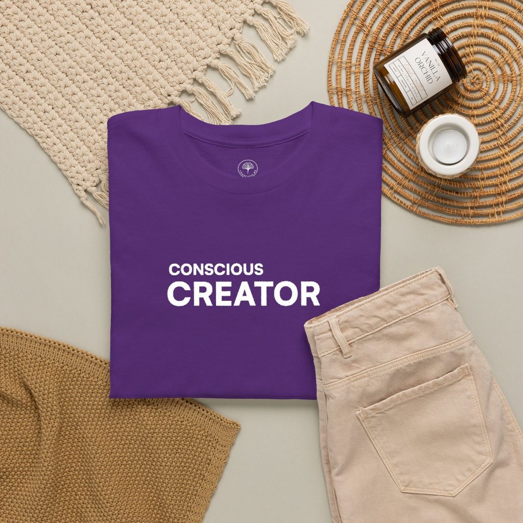 Conscious Creator Embroidered Design T-Shirt | Aligned in Truth on the left side, Black Tee, Minimal Graphic