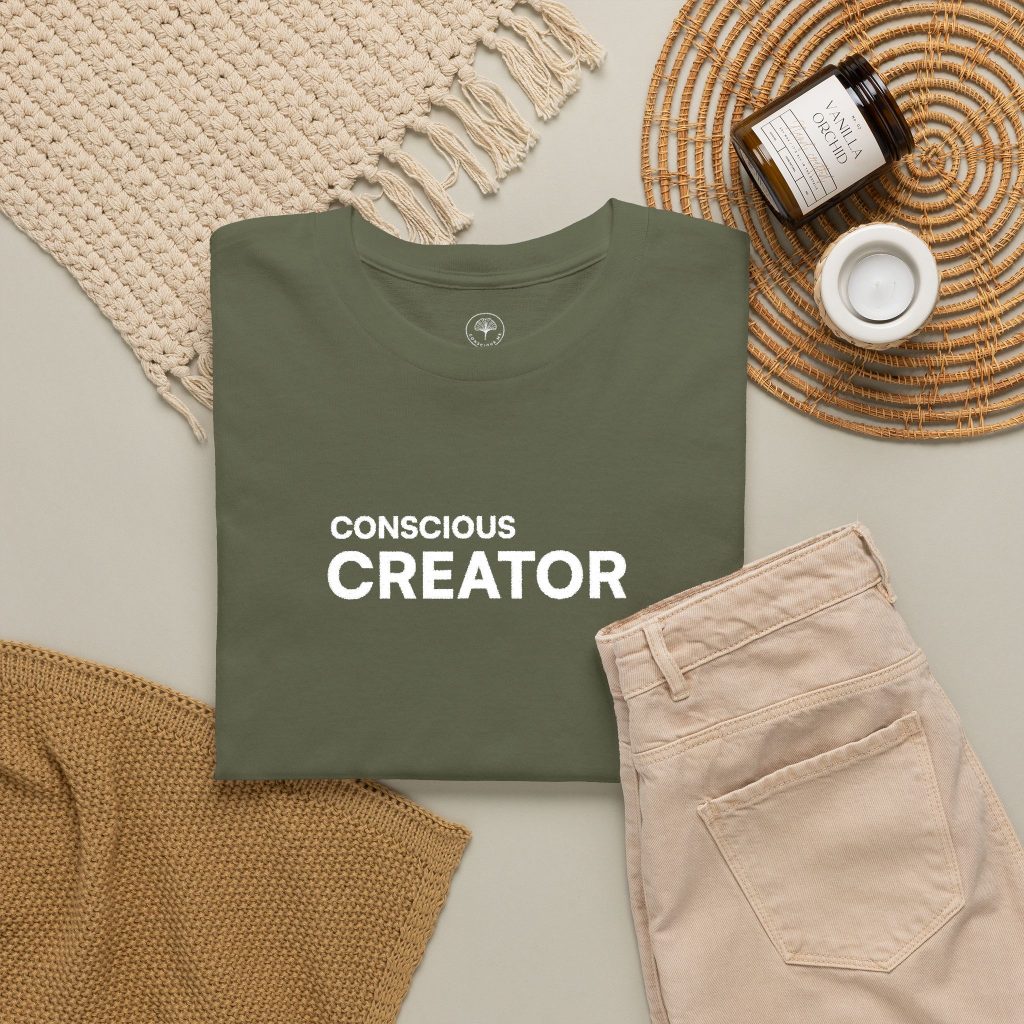 Conscious Creator Embroidered Design T-Shirt | Aligned in Truth on the left side, Black Tee, Minimal Graphic