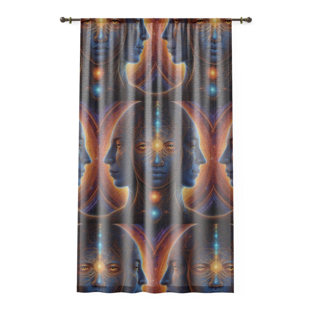 Mystical Holy Trinity Third Eye Pattern Window Curtain | Celestial Portraits, Ethereal Blue-Orange