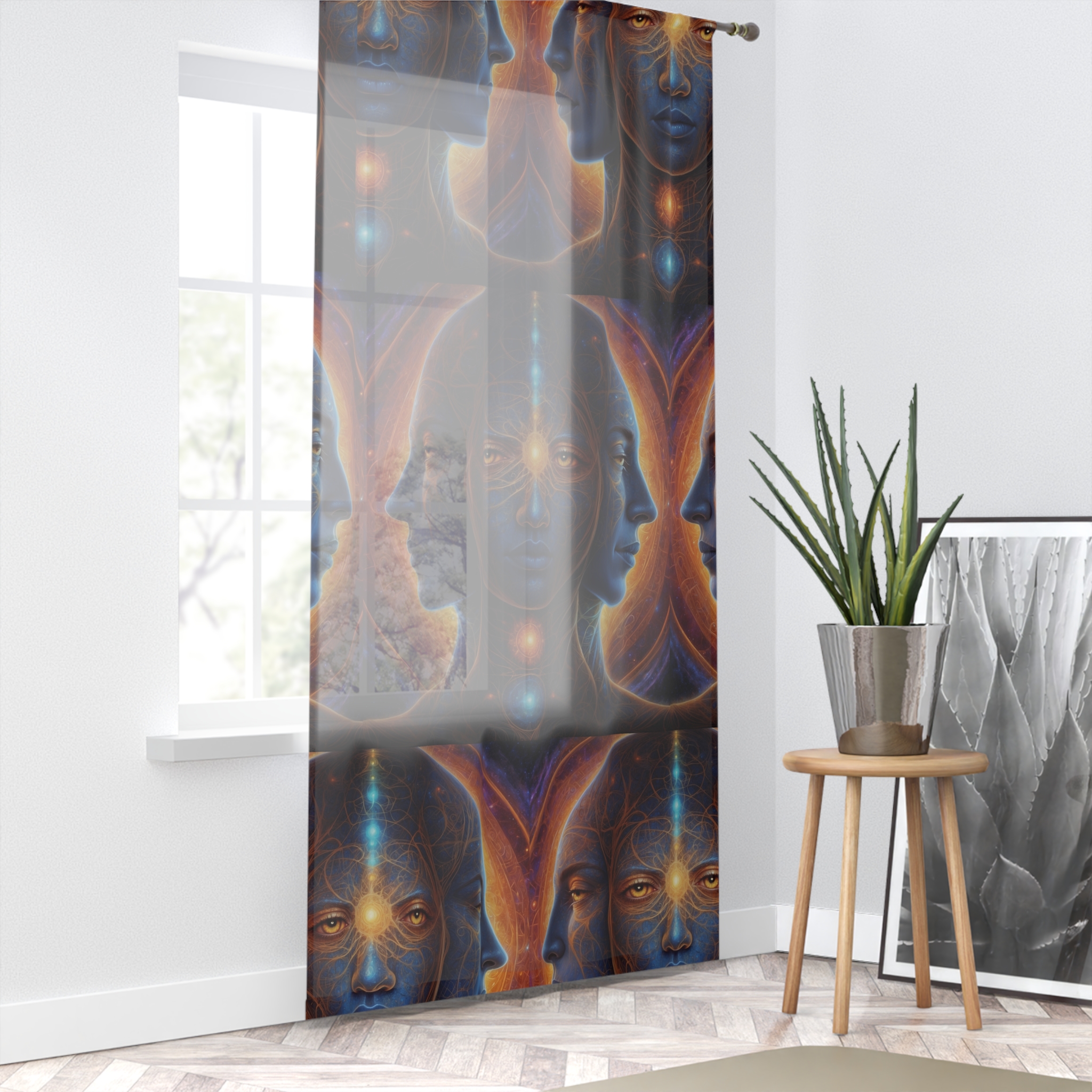 Mystical Holy Trinity Third Eye Pattern Window Curtain | Celestial Portraits, Ethereal Blue-Orange - Image 2