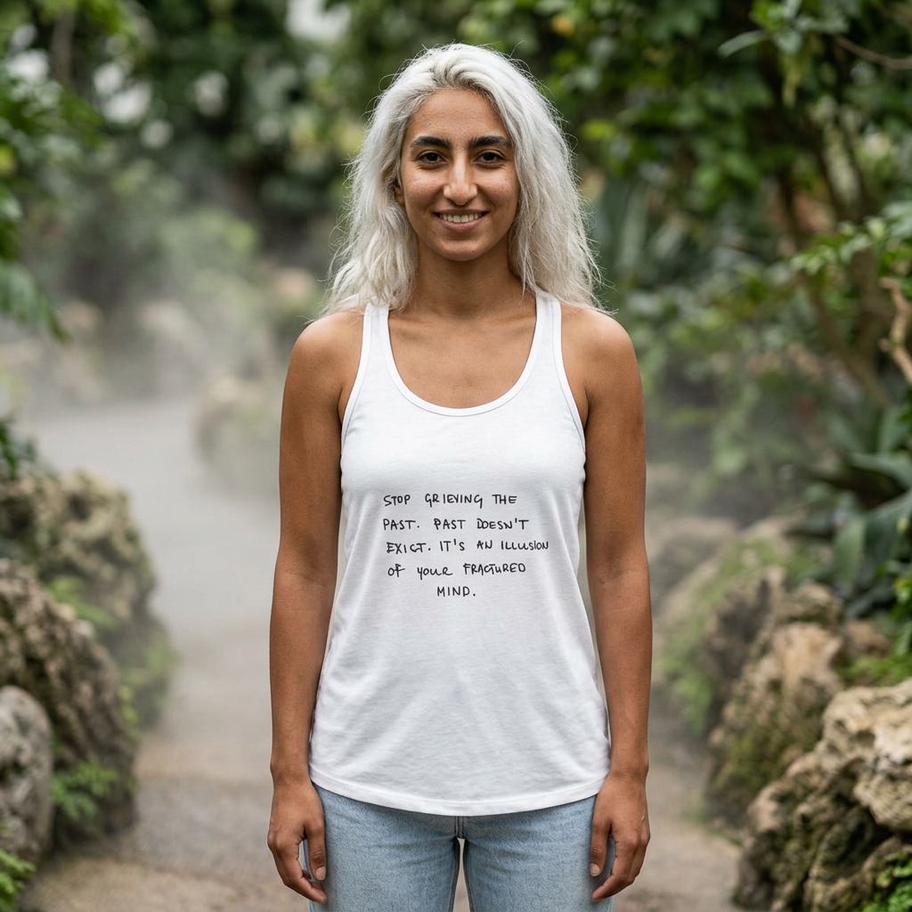 Stop Grieving the Past. Past doesn't exist. It's an illusion of your fractured mind handwritten text Tank | Racerback Flowly Top