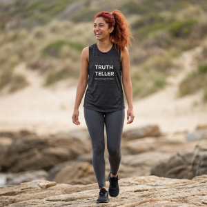 Truth Teller muscle tank | Seeing through deception slogan tee, black flowy scoop tank - Image 1