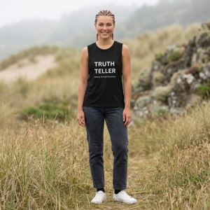Truth Teller muscle tank | Seeing through deception slogan tee, black flowy scoop tank - Image 2