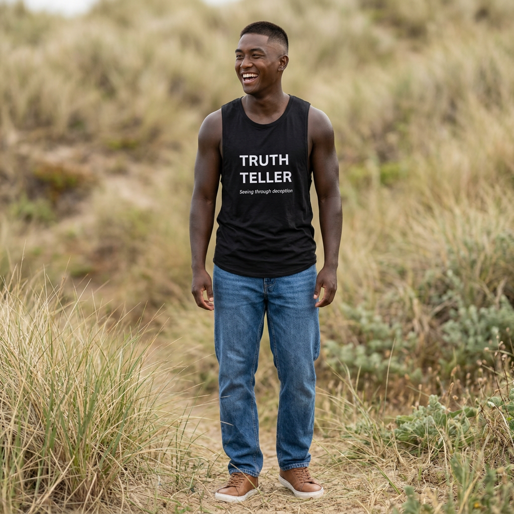 Truth Teller muscle tank | Seeing through deception slogan tee, black flowy scoop tank