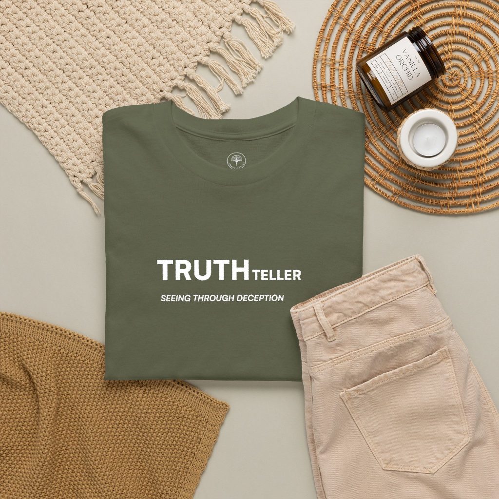 Truth Teller Embroidered Design T-Shirt dark colors | Black Tee, Minimal Graphic, 'Seeing Through Deception'