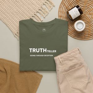 Truth Teller Embroidered Design T-Shirt dark colors | Black Tee, Minimal Graphic, 'Seeing Through Deception' - Image 8