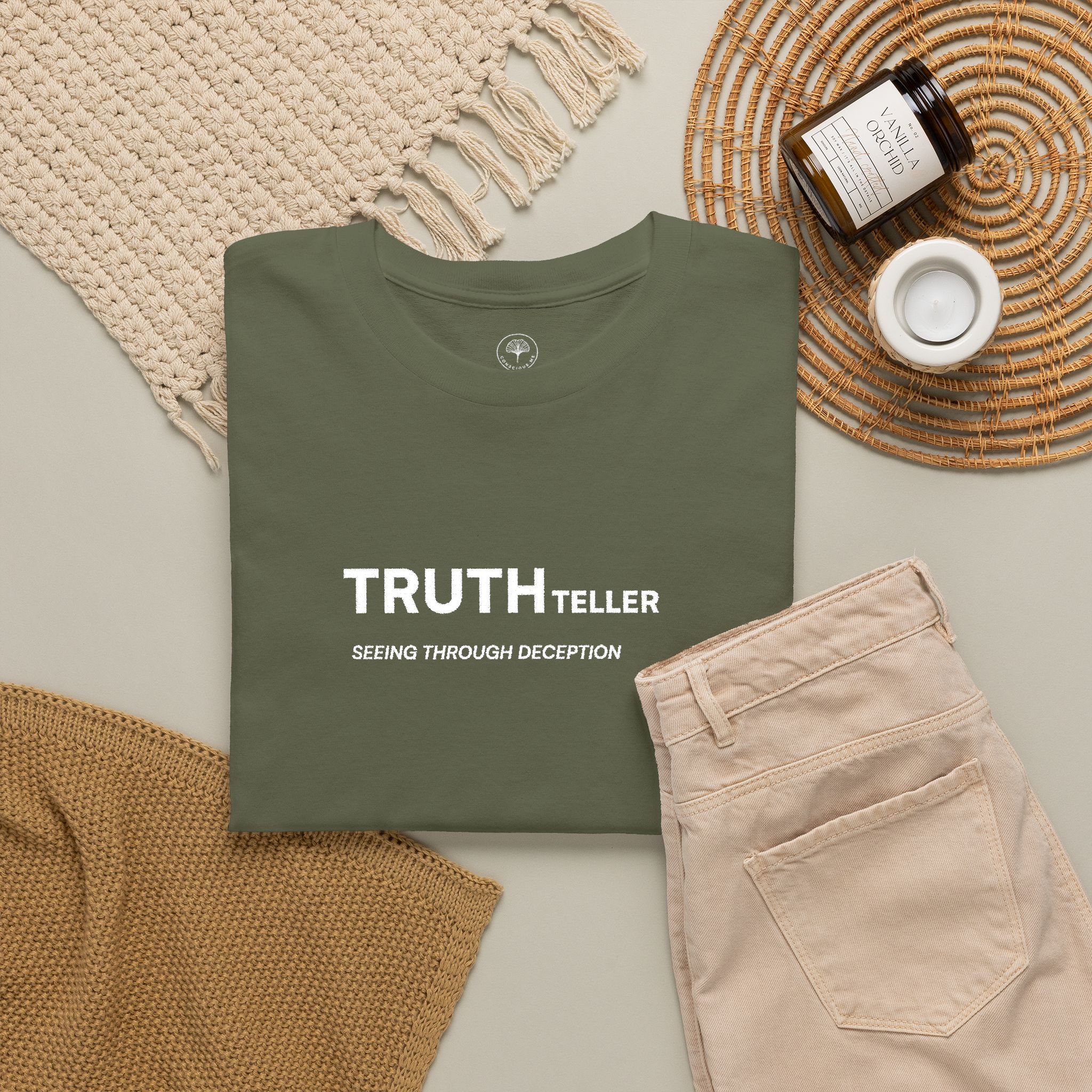 Truth Teller Embroidered Design T-Shirt dark colors | Black Tee, Minimal Graphic, 'Seeing Through Deception' - Image 8