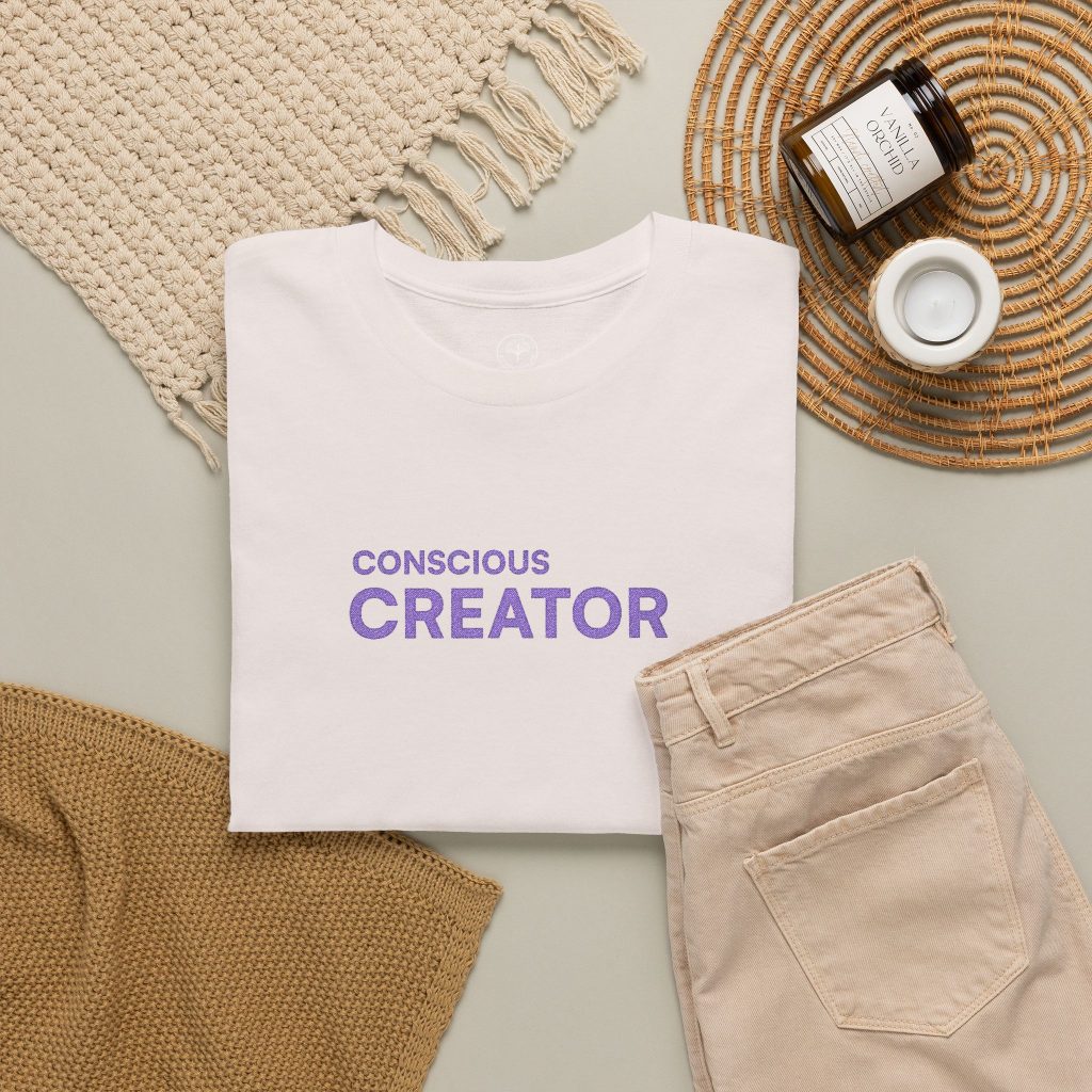 Conscious Creator Embroidered T-shirt Tee | Plain White Crew Neck