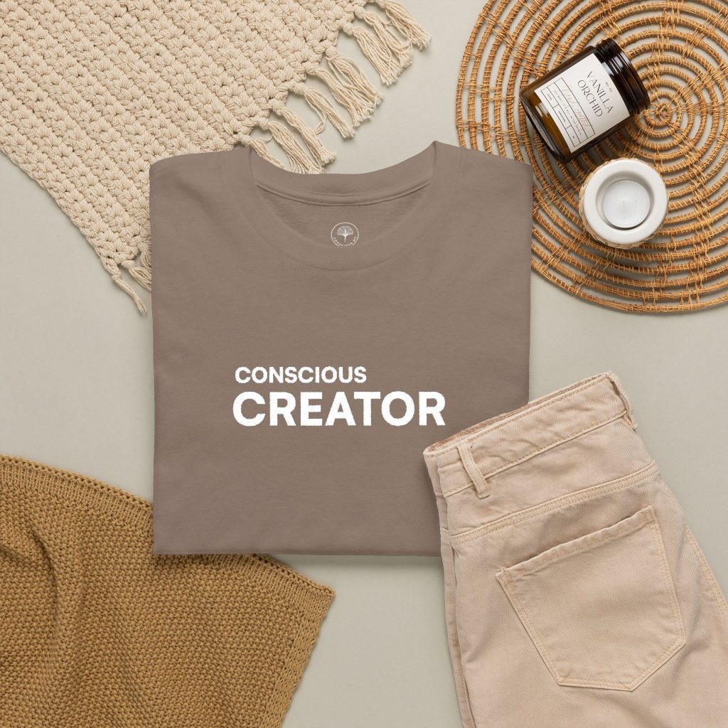 Conscious Creator Embroidered Design T-Shirt | Aligned in Truth on the left side, Black Tee, Minimal Graphic