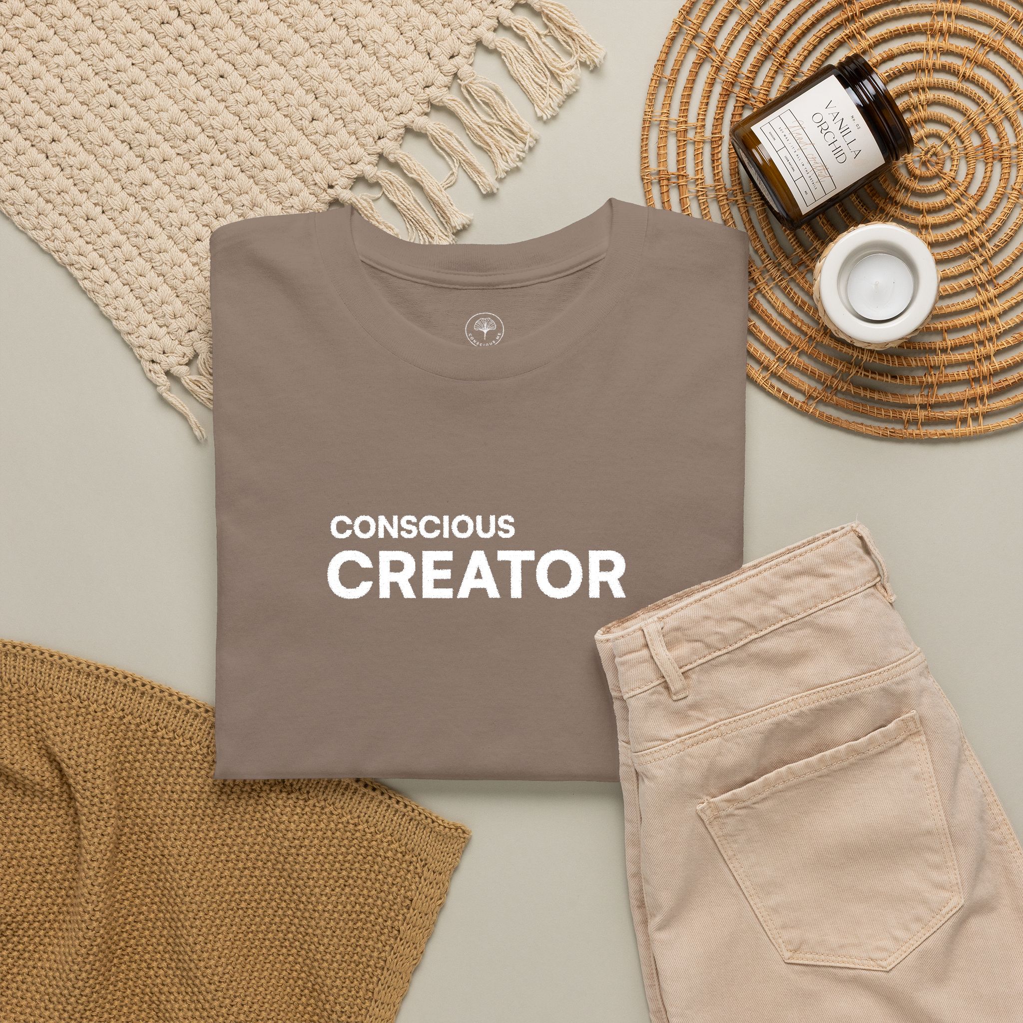 Conscious Creator Embroidered Design T-Shirt | Aligned in Truth on the left side, Black Tee, Minimal Graphic - Image 2