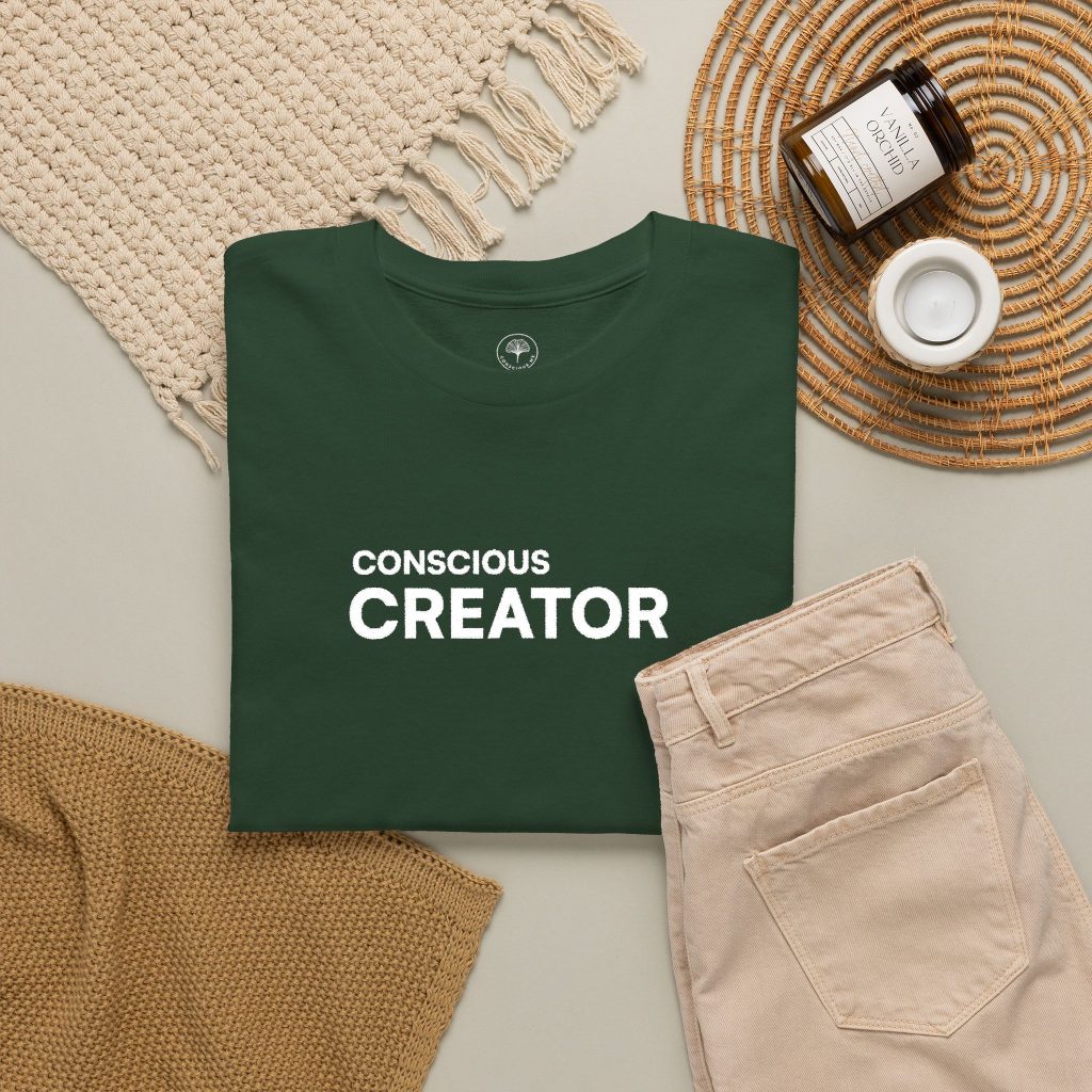 Conscious Creator Embroidered Design T-Shirt | Aligned in Truth on the left side, Black Tee, Minimal Graphic