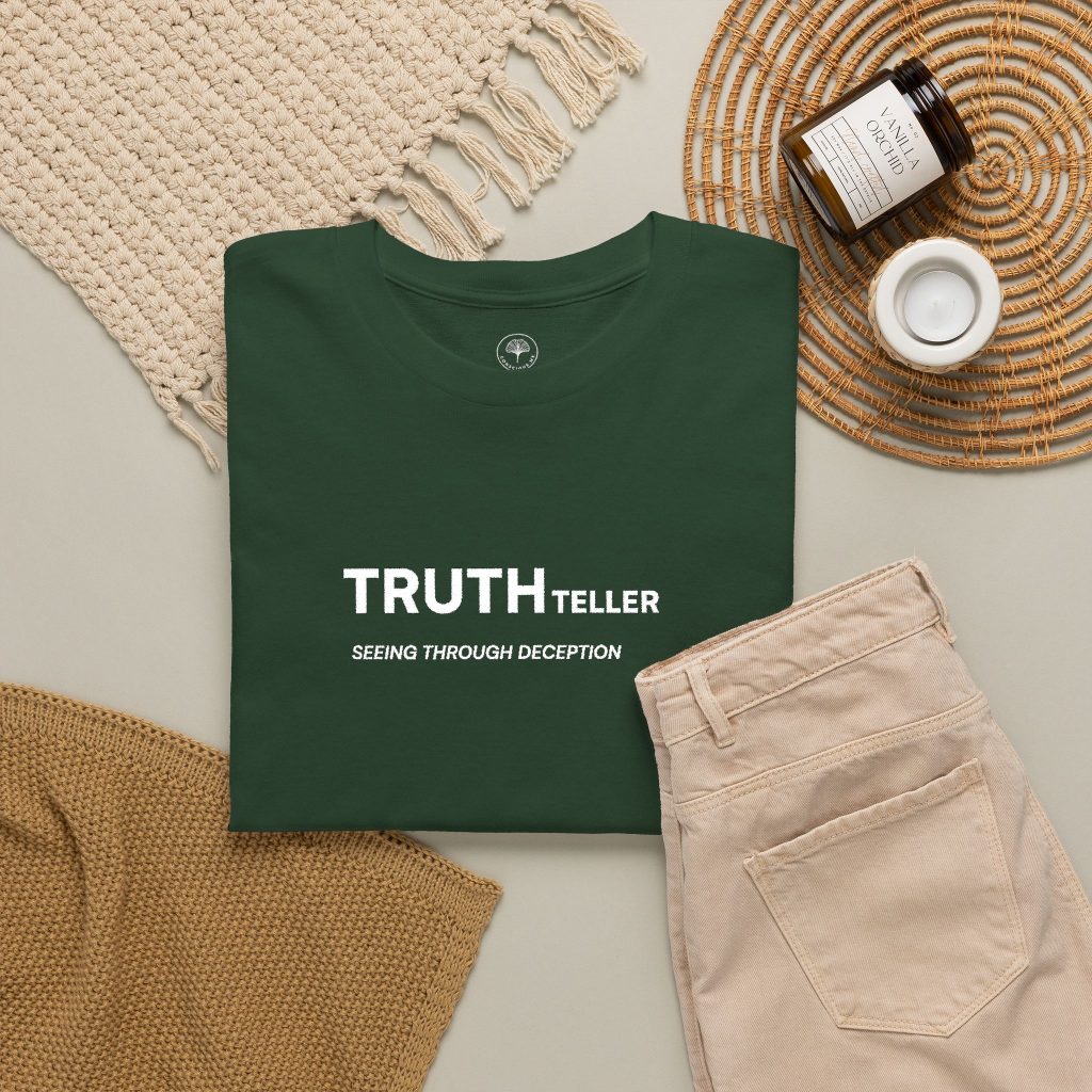 Truth Teller Embroidered Design T-Shirt dark colors | Black Tee, Minimal Graphic, 'Seeing Through Deception'