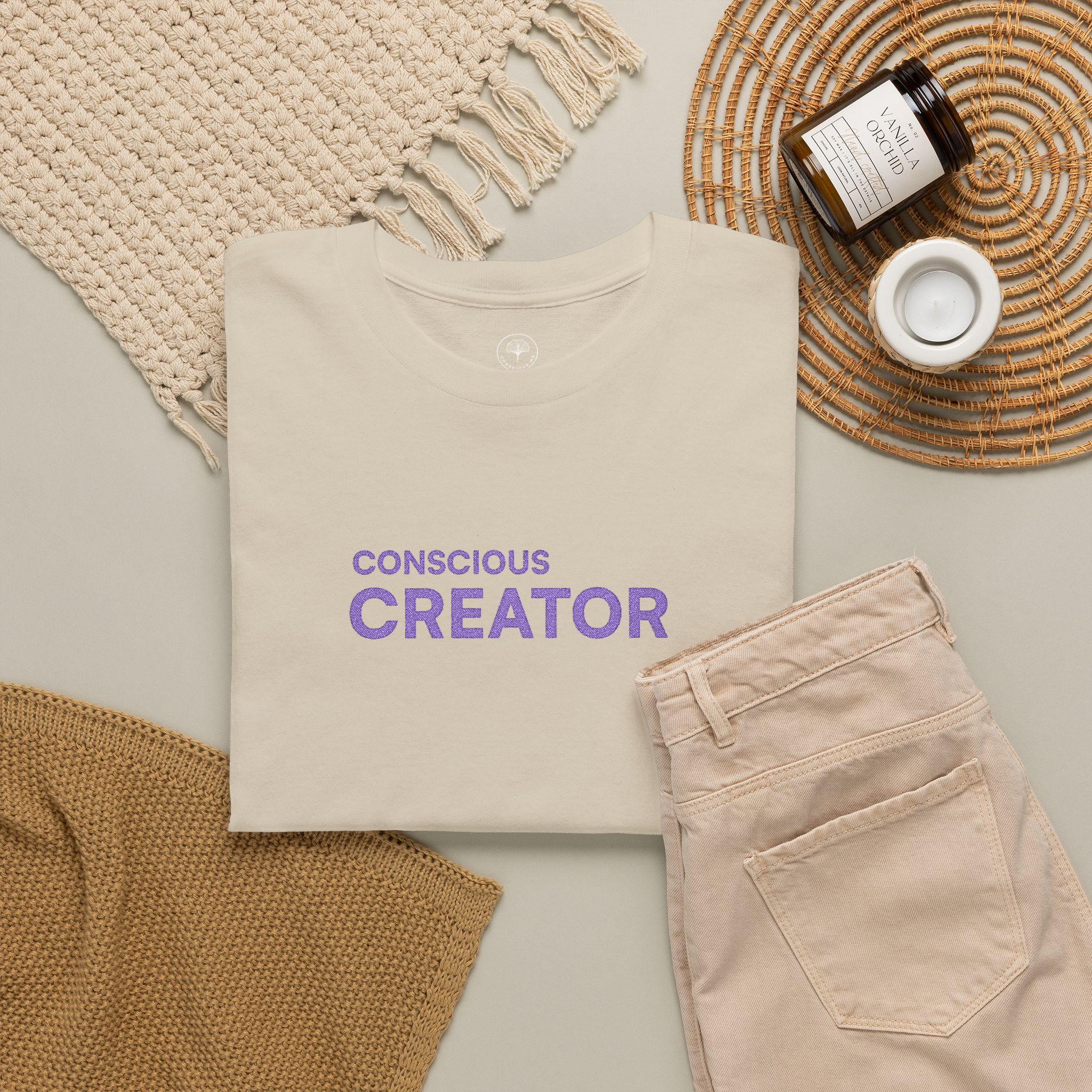 Conscious Creator Embroidered T-shirt Tee | Plain White Crew Neck - Image 6