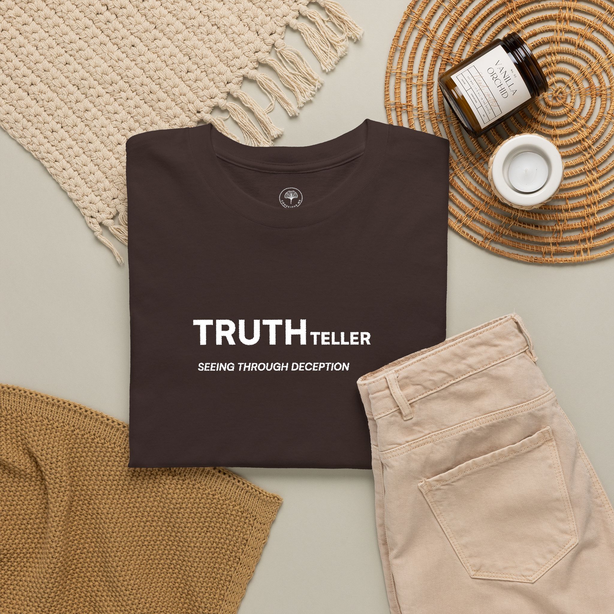 Truth Teller Embroidered Design T-Shirt dark colors | Black Tee, Minimal Graphic, 'Seeing Through Deception' - Image 7