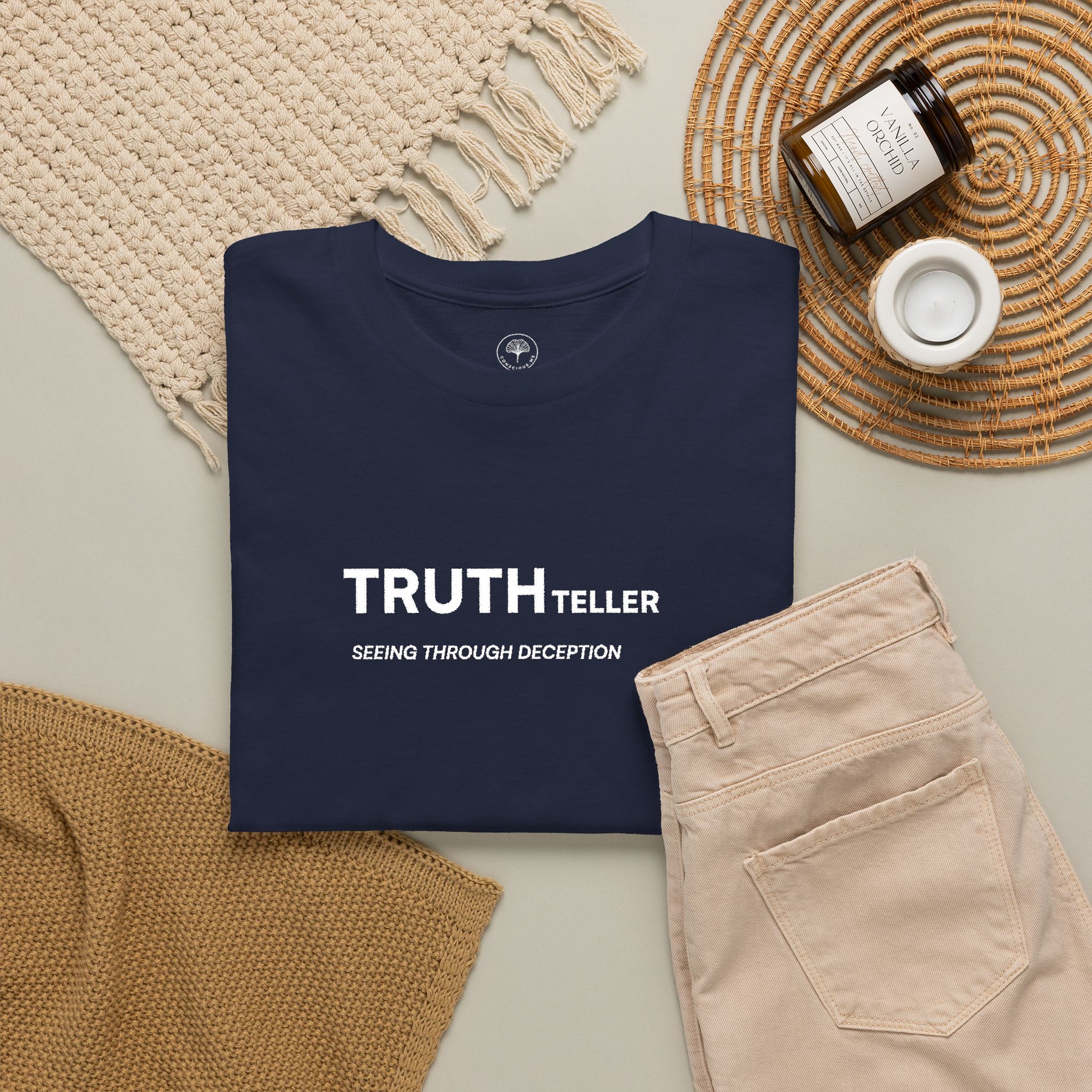 Truth Teller Embroidered Design T-Shirt dark colors | Black Tee, Minimal Graphic, 'Seeing Through Deception' - Image 17