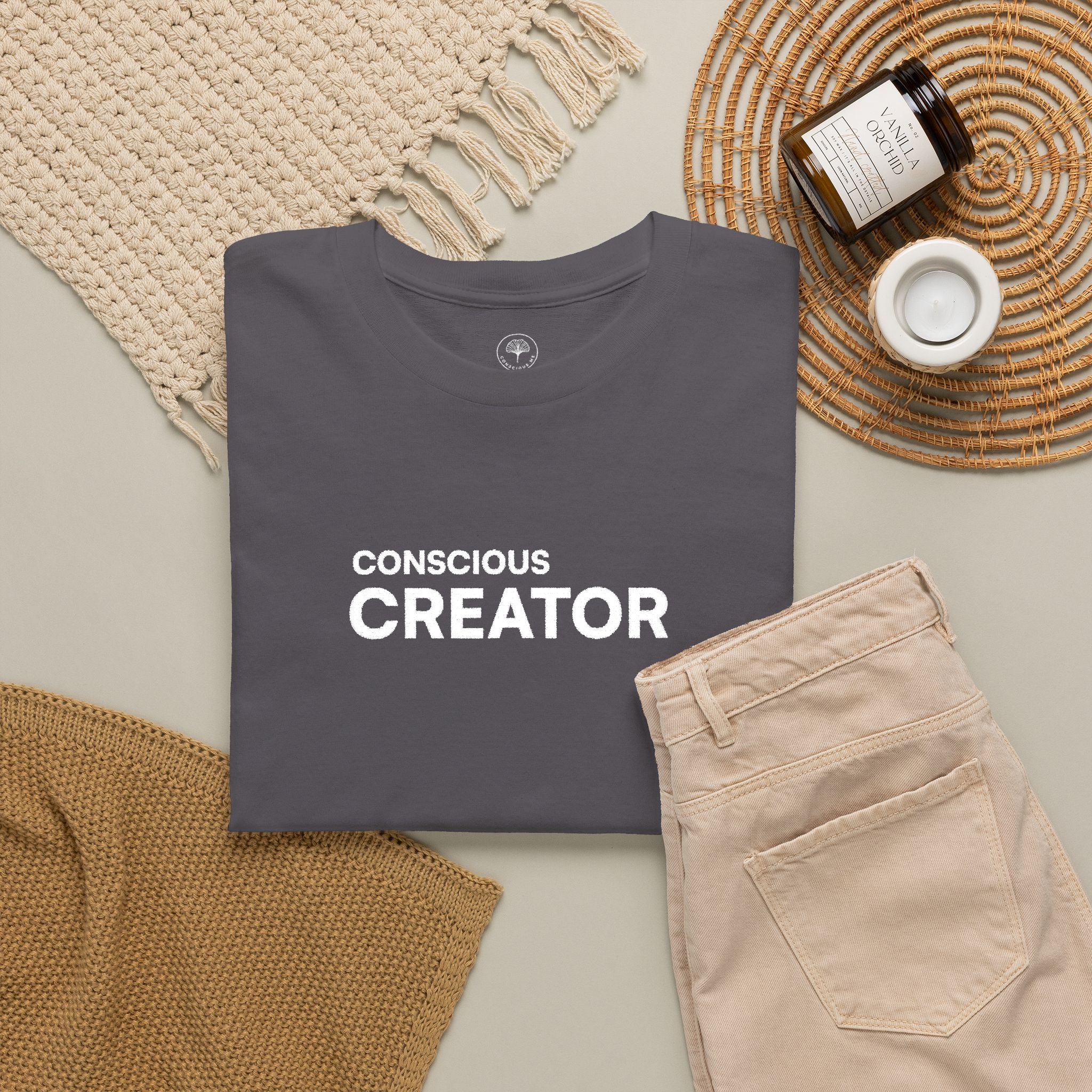 Conscious Creator Embroidered Design T-Shirt | Aligned in Truth on the left side, Black Tee, Minimal Graphic - Image 13