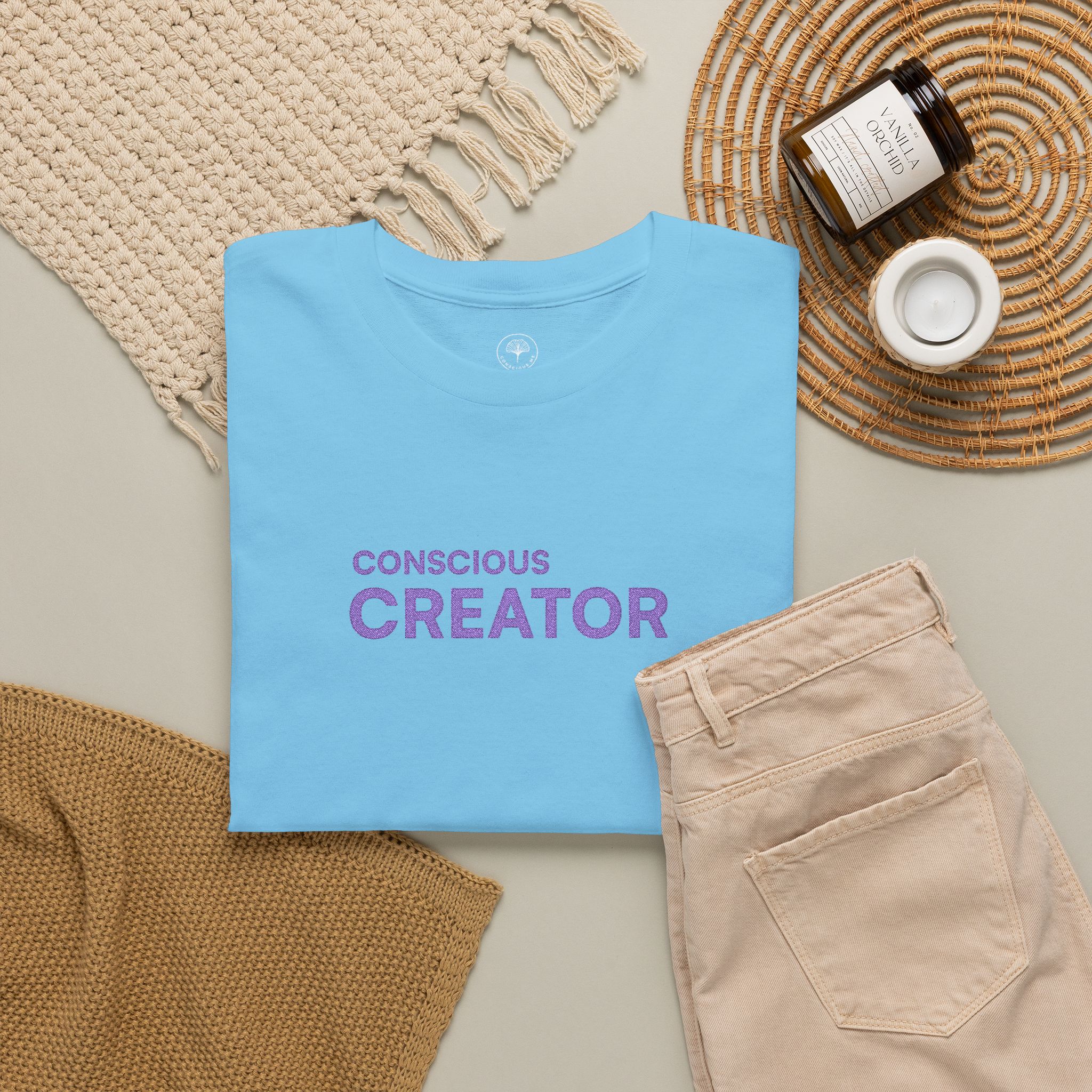 Conscious Creator Embroidered T-shirt Tee | Plain White Crew Neck - Image 17